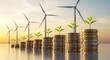 © Image - A conceptual image showcasing the relationship between renewable energy growth and financial investment in green technologies symbolized by wind turbines and growing plants on stacked coins