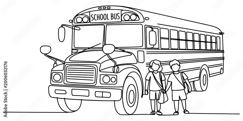 Black and white line art drawing of a school bus with two little ...