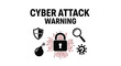 © Zaheer - Cyber attack warning graphic showing a central digital padlock surrounded by a shield a magnifying glass a bomb and a mystery virus icon to represent modern internet threats and network data protectio