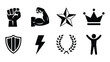 © MDRifat - Set of symbolic silhouette icons representing power fitness victory and achievement vector illustration