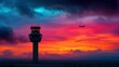 © Sawat - Stunning sunset over an airport control tower silhouetted against vibrant clouds with an airplane in the distance creating a dramatic aviation scene