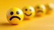 © Chuang - Four yellow emoji balls on reflective light gray surface soft light blue gray background,依次为 clear sad clear happy blurry angry blurry worried,