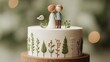 © Julia - Rustic Wedding Cake with Handcrafted Topper. Couple Figurines with Bird and Botanical Decor for Nature-Themed Ceremony