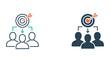 © SAIJID - Strategic target achievement icon set showing a business team directed by an arrow towards a bullseye representing goal attainment and focused corporate success in modern vector graphic style