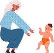 © WinWin - Grandmother supporting smiling baby learning to walk independently