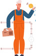 © WinWin - Cartoon plumber character holding leaking pipe and tool box, offering repair service
