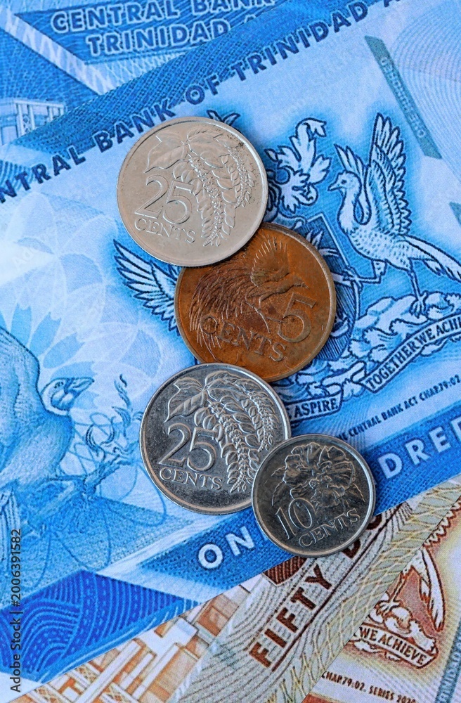 Ttd Coin Trinidad and Tobago dollar money bills and coins on table. Trinidad and ...