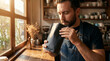 © HunterSnap - Passionate barista closing eyes to smell the aroma of freshly roasted coffee beans