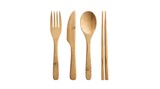 Top view of eco-friendly bamboo cutlery set on white background