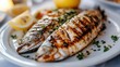 © Larisa AI - A beautifully arranged platter of grilled fish, accompanied by lemon and garnishes, showcasing the culinary art of seafood preparation in a delicious and appetizing presentation.