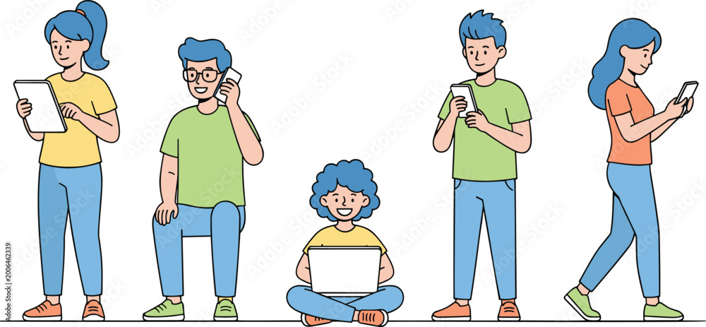 Diverse group of young people with using digital devices including ...