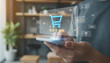 © Md - Person holding smartphone with shopping cart icon and star ratings hologram for ecommerce and customer feedback.
