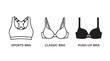© Mst - Various types of bras outline icons set including sports classic push-up bras