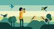 © Manok Mas - Captivating graphic illustration of a dedicated birdwatcher finding vibrant birds in a tranquil natural landscape, beautifully depicting outdoor nature observation