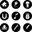 © night - Group of nine creative hobby and fun objects icons puzzle kite lamp magnet music note nesting doll octopus pen feather on black circles.