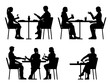 © SR - set of people dining side view silhouette, group of friends eating and talking in restaurant concept. black shadow vector illustration for architectural elevation, section.