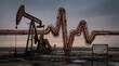 © Wisnu - Oil pumpjack with glowing neon pipes and energy rhythm sculpture.