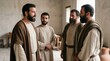 © Svitlana Vorotniak - Four bearded men wearing historical tunics talking inside a rustic stone building. Biblical scene portraying Roman centurion messengers and apostle Peter. Ancient history spirituality.