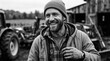 © Margarita Ratatosk - Farmer smiling at farmstead. Happy man manual worker in field with tractor. Agriculture industry worker lifestyle. Authentic portrait of authentic rancher in black and white style.