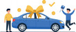 © MstLinaAkter - Excited man receiving blue car with golden gift bow symbolizing financial success, reward, bonus achievement and personal milestone in flat vector illustration design