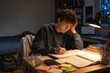 © Pavel - teenage boy studies late at night at a desk with lamp, textbooks, note cards and sticky notes, showing focused exam preparation, mild academic stress and tutoring support