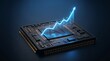 © haemye - Glowing blue line graph ascends over AI chip on circuit board. Digital arrows point in various directions. Concept shows data, growth, future tech.