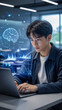 © Khemmanat - Focused Mind: An Asian individual, deeply engrossed, explores the realms of brain science and artificial intelligence through the lens of a laptop.