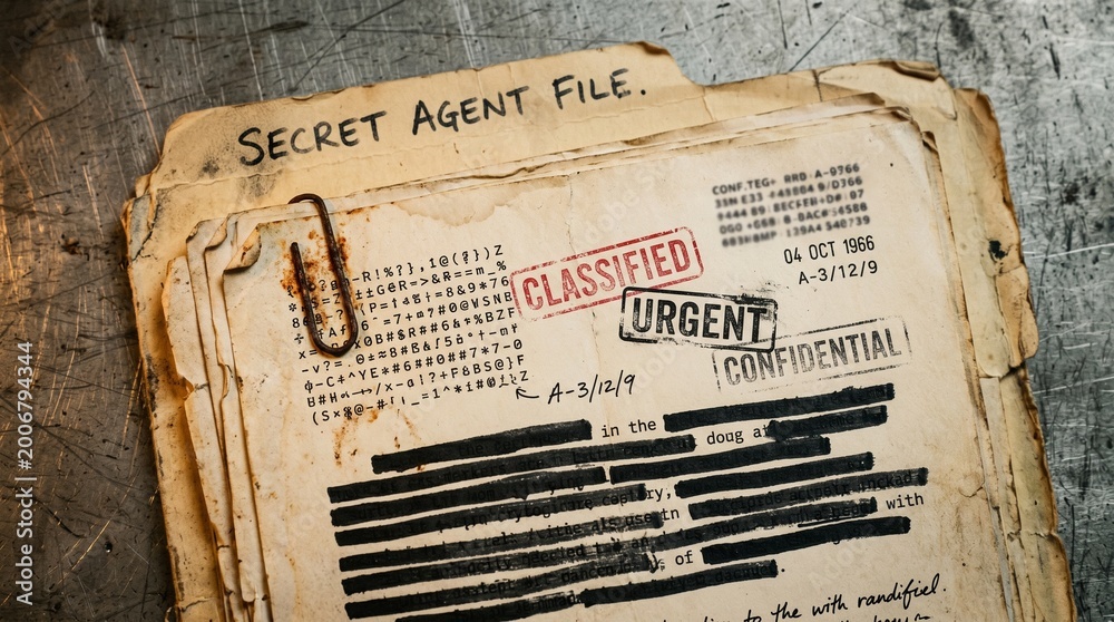 Redacted Secret Agent File Documents Resting On Metal Surface Stock ...