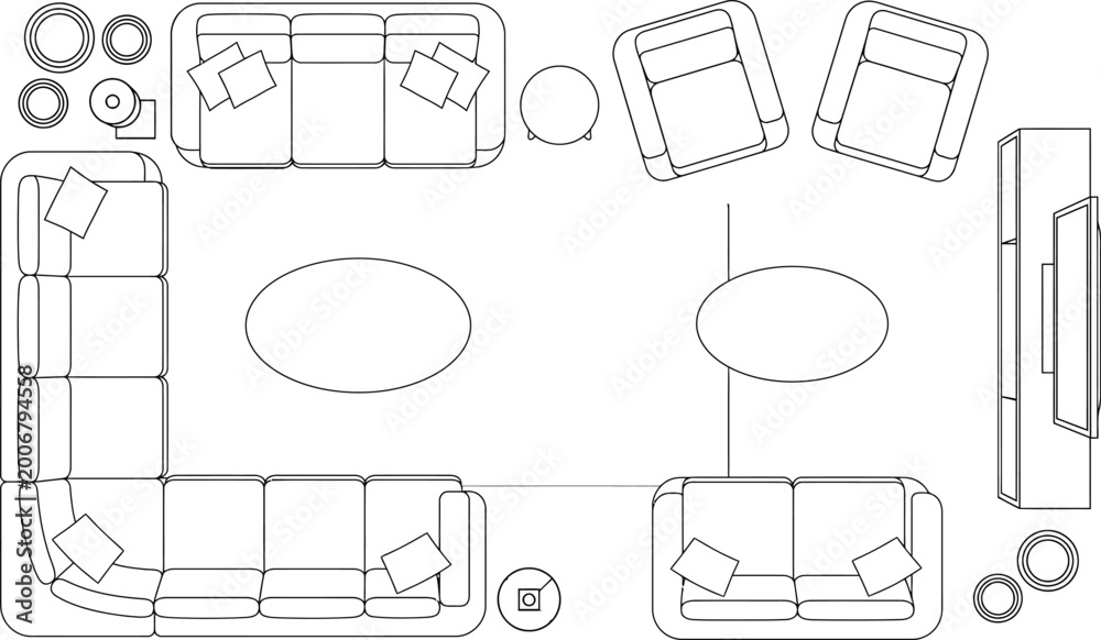 Living room furniture layout plan vector, black and white CAD top view ...