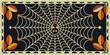 © Ross - Retro Halloween spider web illustration with cute spider, geometric border and autumn leaves on dark background