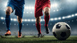 © Rayn - Two professional football players in red and blue kits battle for possession on a grass pitch under bright stadium lights, capturing the intense action and energy of a competitive match