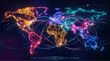 © AI Festival Arts - Multicolored neon world map with glowing data connection lines for World Population Day to represent global demographic network and unity
