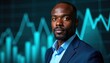 © Pete - Man in suit looks at camera with blurred financial chart behind. Professional in business attire, focused on market data analysis. Confident leader strategizing economic growth. Represents success,