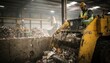 © Justlight - Medium shot of a worker operating heavy machinery to compact trash inside an enclosed municipal solid waste transfer station with blurred background equipment.