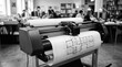 © Justlight - Medium shot of a monochrome largeformat plotter producing clear architectural plans the print head and paper feed crisply detailed with a defocused room interior.