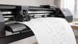 © Justlight - Medium shot of a monochrome largeformat plotter producing clear architectural plans the print head and paper feed crisply detailed with a defocused room interior.