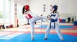 © Andrii  - Two female athletes practicing taekwondo sparring in martial arts training gym