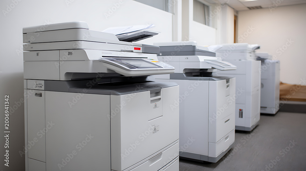 Row of Modern Office Multifunction Printers in a Bright, Professional ...