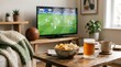© velikiyzayats - Cozy Living Room Setup for Watching Soccer Match at Home with Beer and Snacks