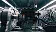© DigitalSpace - Medium shot of an automotive powertrain test cell with a compact engine mounted on a dynamometer surrounded by sensors and diagnostic instruments under controlled conditions.