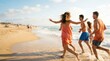© velikiyzayats - Group of Young Adult Friends Running Together on a Sunny Beach Shoreline