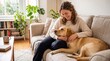 © NORN - A Moment of Calm: A woman tenderly strokes her loyal canine companion, their bond of affection evident as they relax on a cozy sofa, surrounded by the comforts of home.
