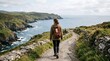 © velikiyzayats - Young woman hiking on a scenic coastal path with a backpack overlooking the ocean