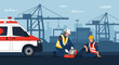 © Simon - First Aid Emergency Response at Industrial Port with Ambulance and Rescuer Helping Injured Worker