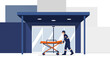 © mira - Paramedic pushing stretcher into hospital entrance, emergency medical services, healthcare concept