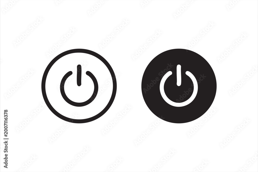 Power button icon set for UI apps, on off switch symbols for device ...