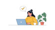 © Farhan - Young woman using a laptop at her desk with a coffee cup and plant while a speech bubble with a checkmark indicates a task finished.