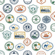 © Kelana - Seamless pattern featuring artistic hand-drawn travel stickers with iconic landmarks and symbols on white background