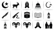 © Somiran - Black vector icons depicting ramadan and eid al adha symbols including moon goat praying hands mosque rosary knife quran lantern kaaba and ram's head on white background