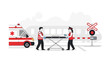 © Khaliq - Emergency medical team with stretcher near ambulance at train crossing, accident scene